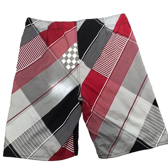 Carbon Mens Board Shorts Size 34 Red Grey Black Swim Trunks Summer Beach Vacay - Picture 3 of 8